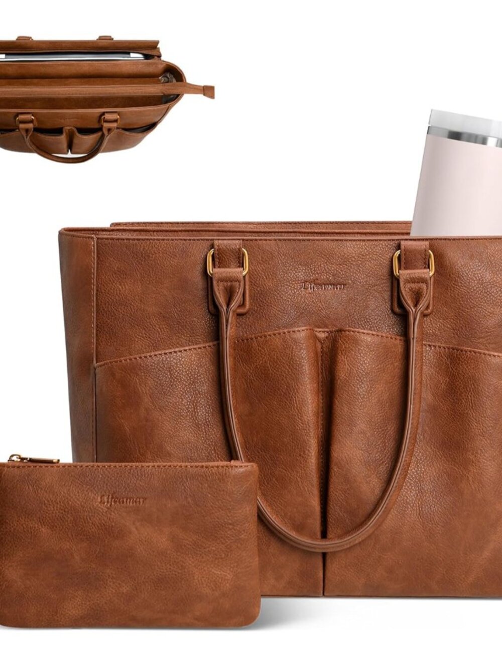 Laptop Tote Bag For Women, Leather Work Tote With Padded Laptop Compartment, Cup